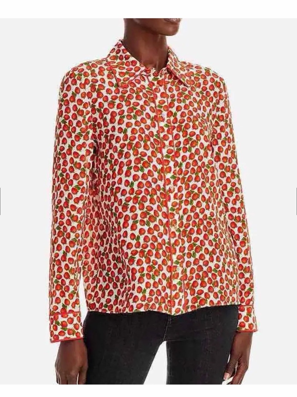 NWT Alice + Olivia Red Strawberry-Print Button-Up Blouse on White - XS 100% silk